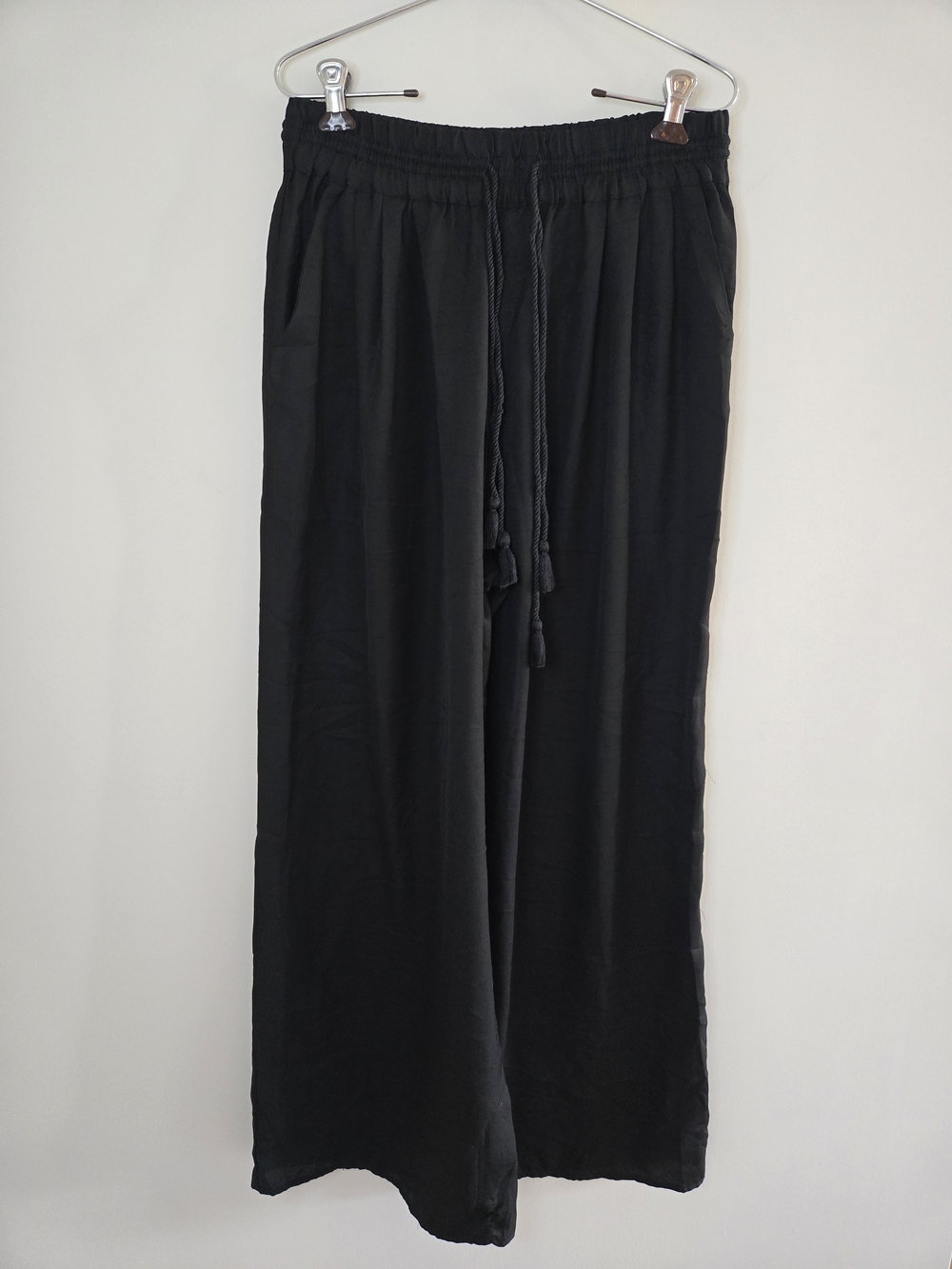 Zara black wide-Leg drawstring trousers with tassel ties, high rise, small + new